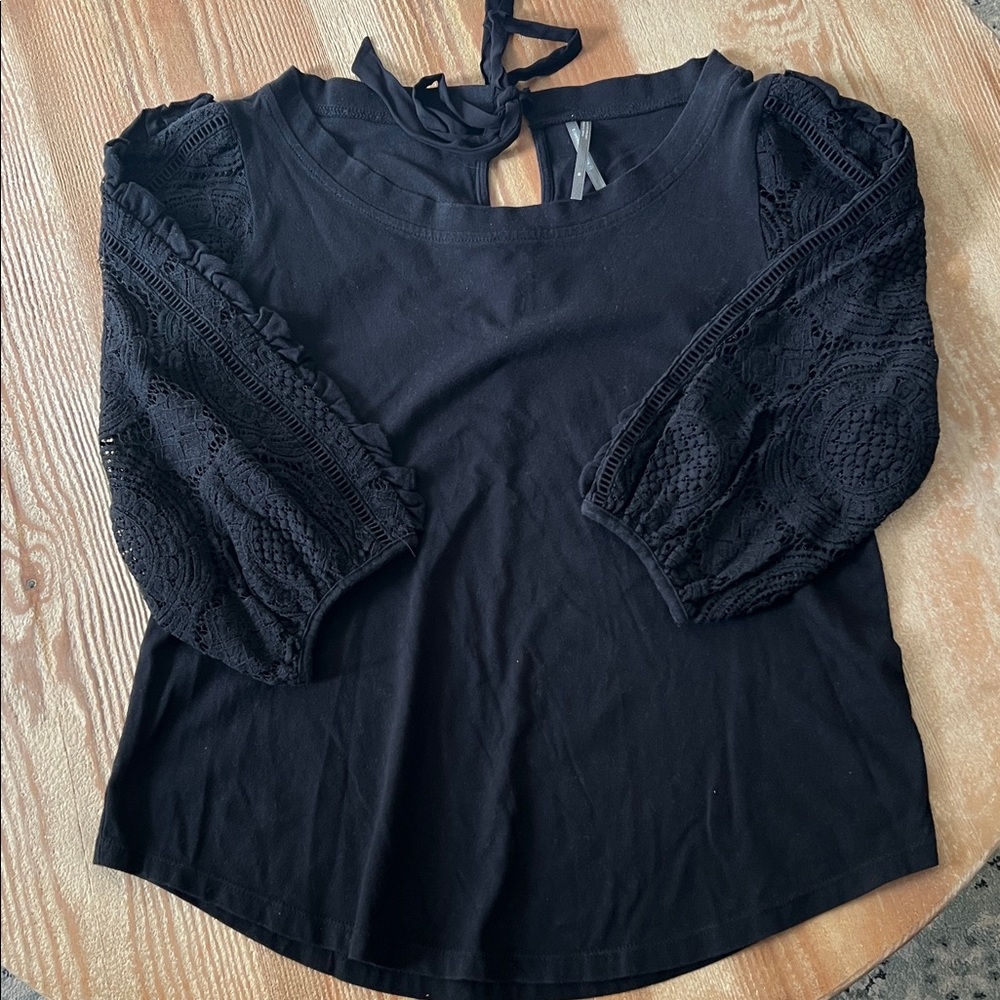 Anthropologie Black Lace Puff-Sleeve Tie-Back Top - Picture 3 of 3